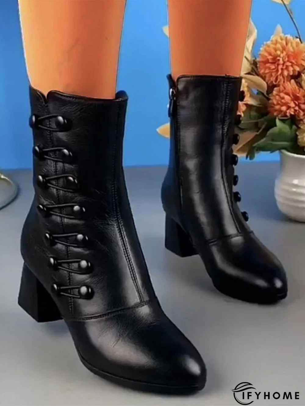 Button Design Black Chunky Heel Ankle Boots | IFYHOME