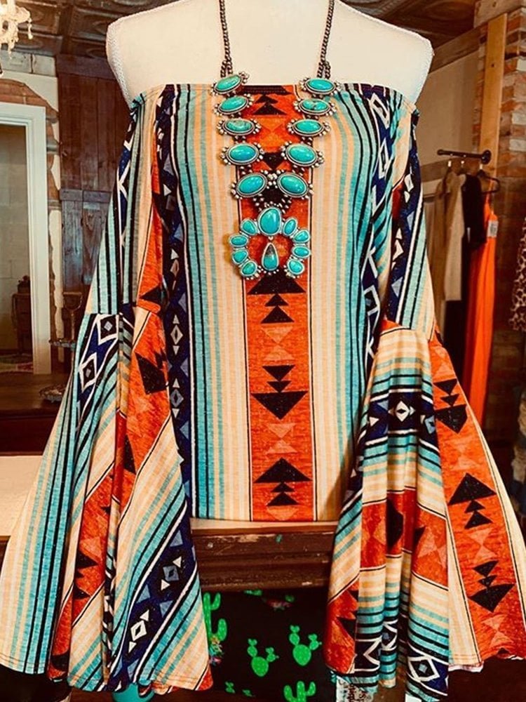 Vintage Geometric Ethnic Print Off Shoulder Flared Sleeve T-Shirt