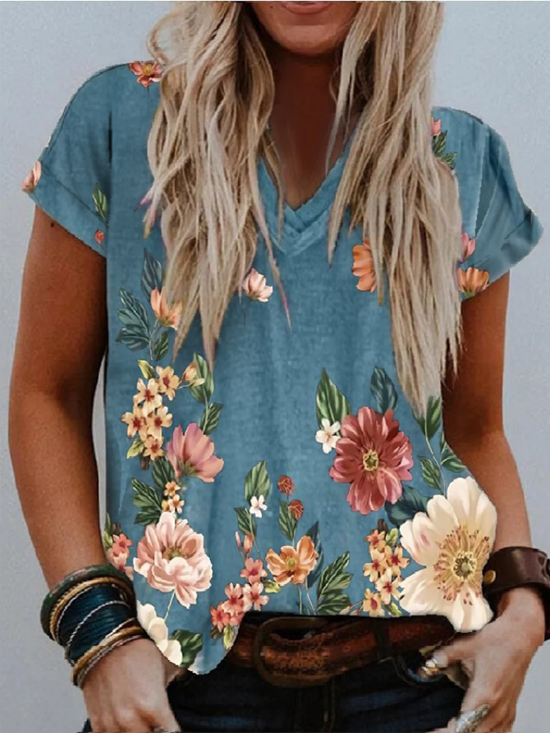 V Neck Floral Casual Short Sleeve Shirts & Tops