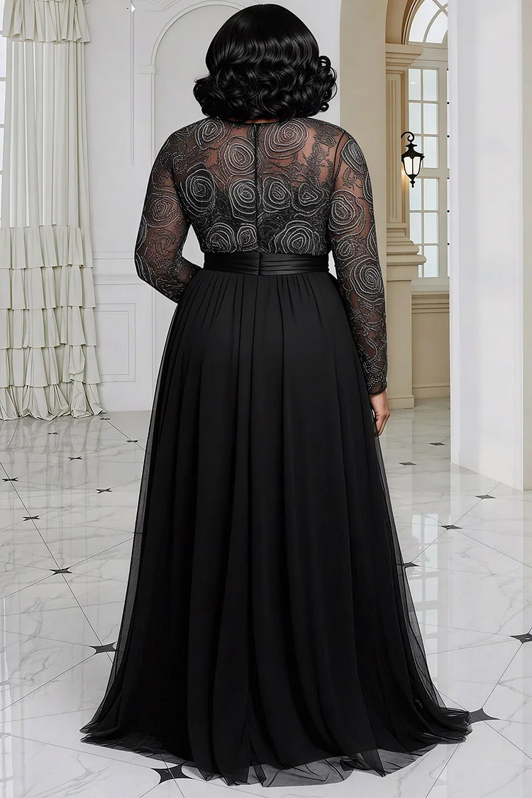 Xpluswear Design Plus Size Formal Tulle Black Round Neck Long Sleeve Split Elegant See Through Lace Maxi Dresses [Pre-Order]