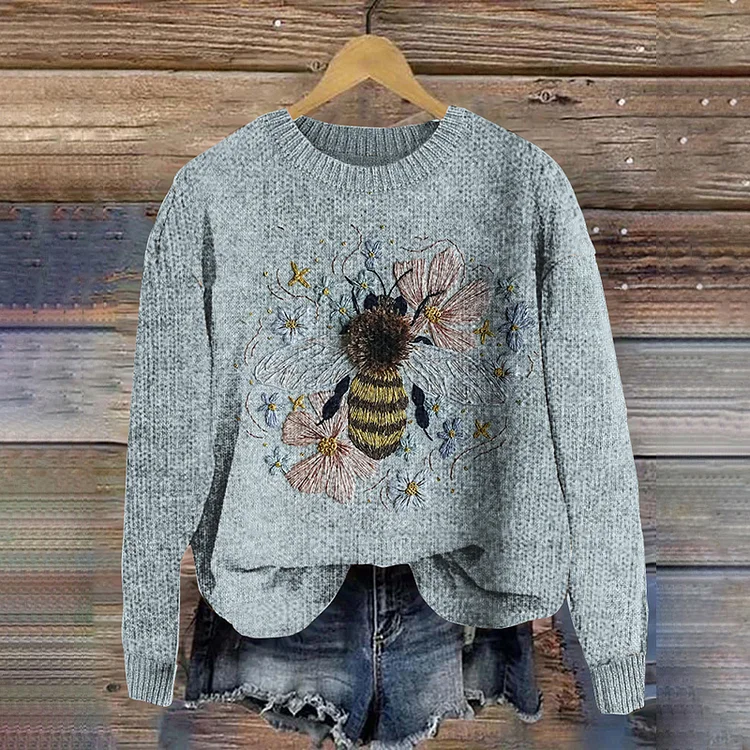 VChics Bee Embroidery Printed Cozy Knit Sweater