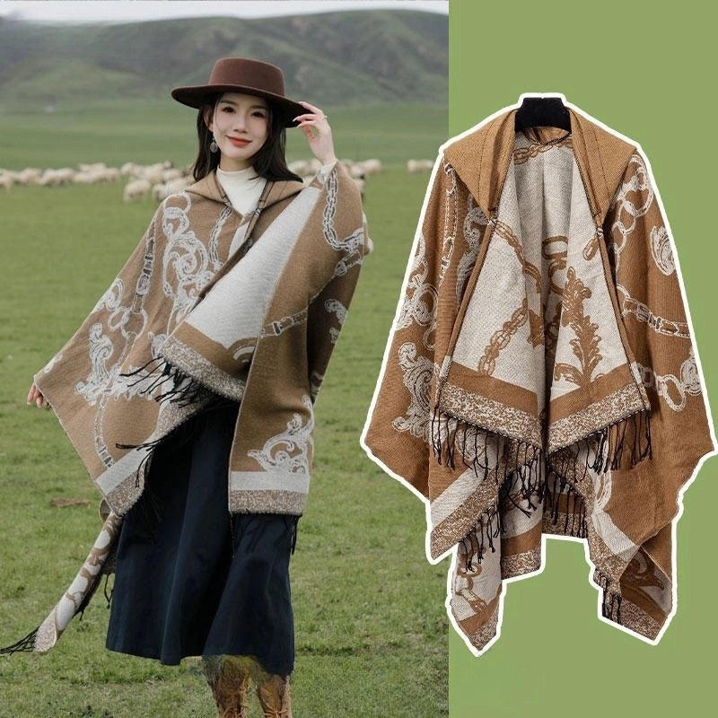 Ethnic Style Hooded Cape Women’s Yunnan Tibet Western Sichuan Grassland Bohemia Travel Wear Scarf Coat