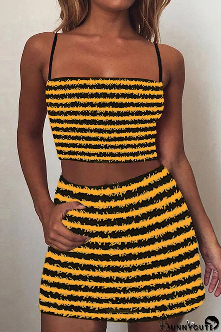 Yellow Sexy Street Striped Printing Spaghetti Strap Sleeveless Two Pieces