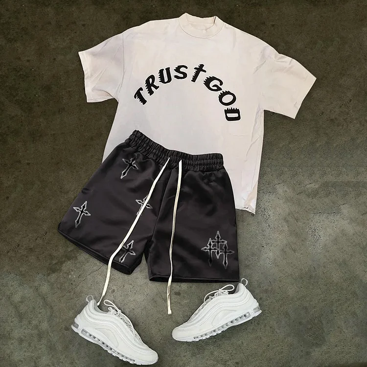 Trust God Cross Printing T-Shirt And Shorts Co-Ord