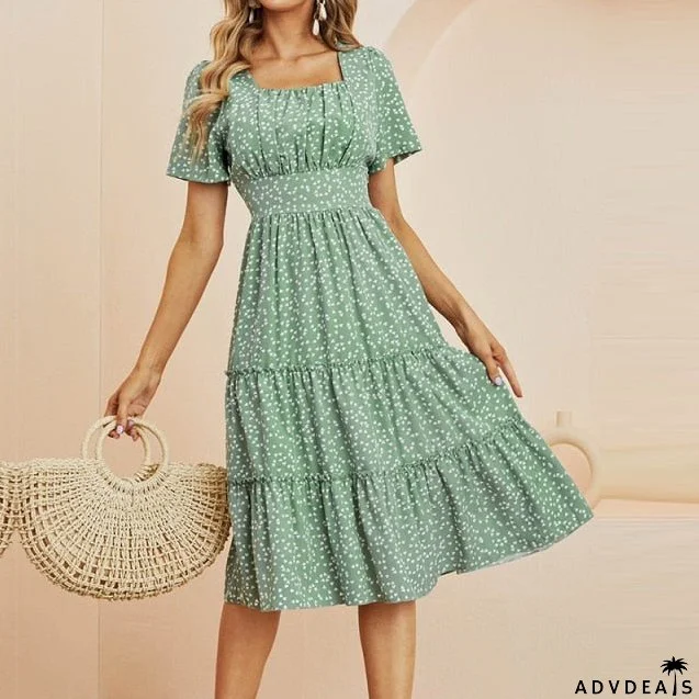 Casual Short Sleeve Square Collar Ruffles Chiffon Dress