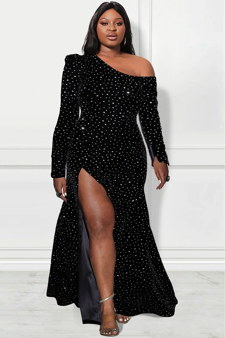 Xpluswear Design Plus Size Formal Dress Black Oblique Collar Split Maxi Dress [Pre-Order]
