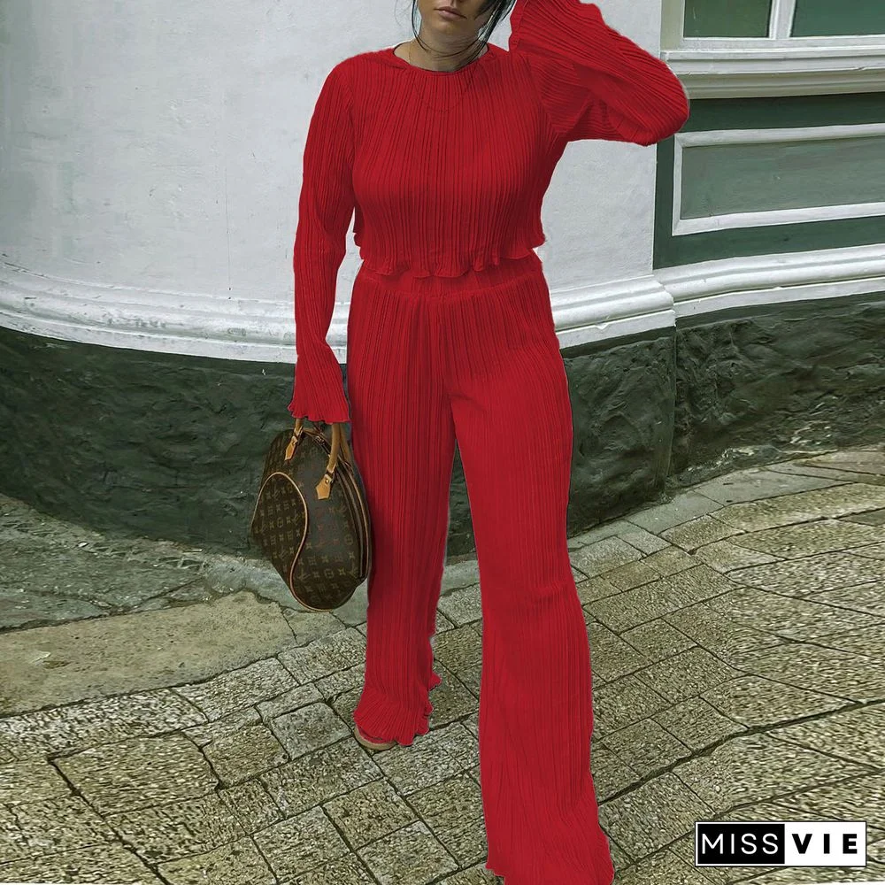 Pleated Loose Blouse Crop Top Wide Leg Pants Outfits