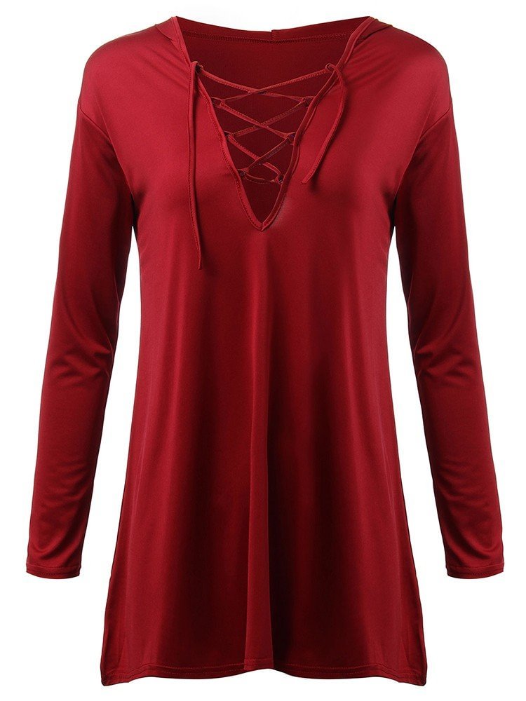 Women Long Sleeve V Neck Lace Up Pure Color Hooded T Shirt P1030274