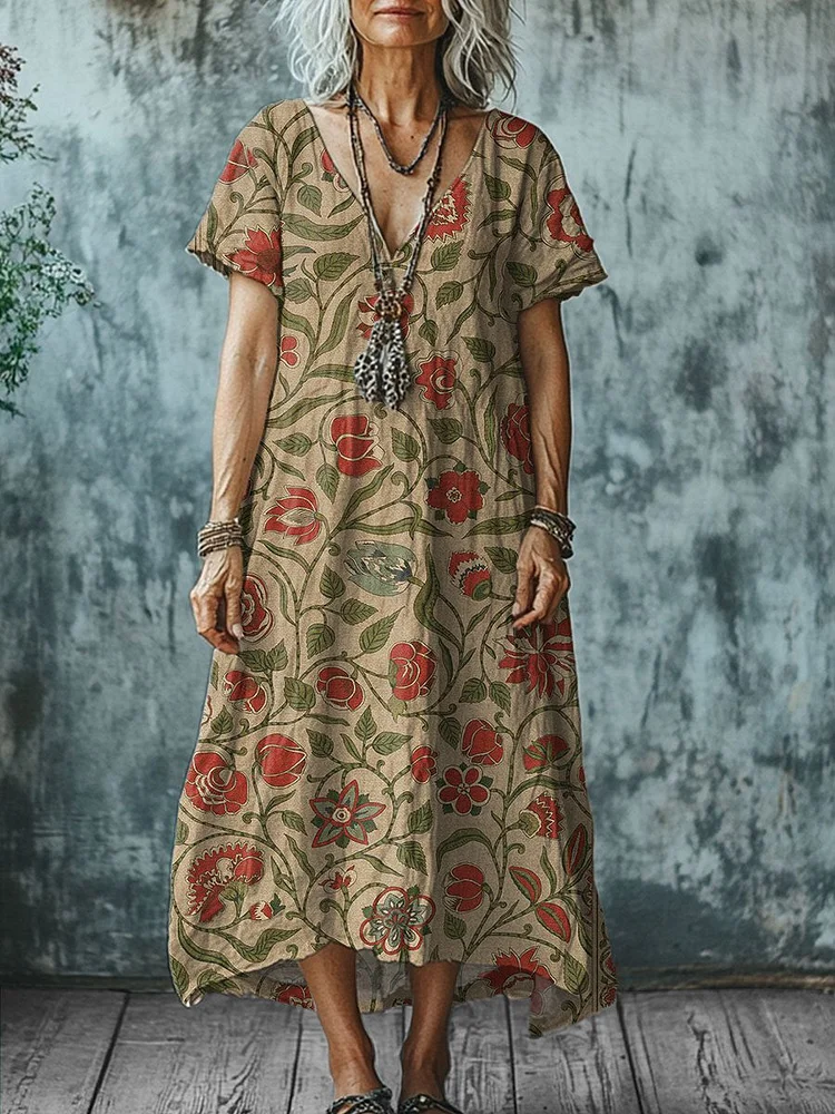 Women's  Vintage Symmetry Art Print Pocket Cotton Dress