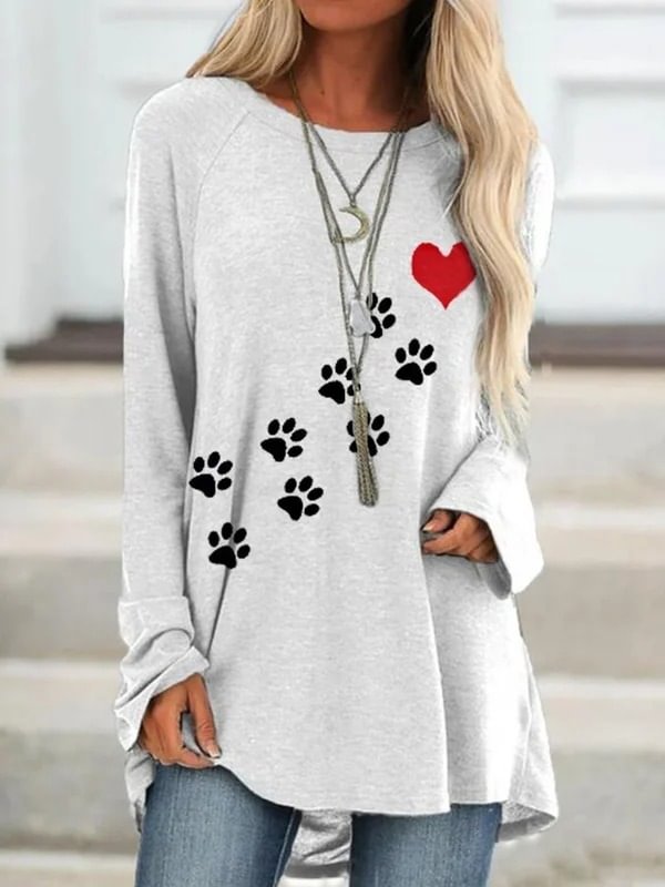 Women's Pets Lover Dog Paw Love-Heart Print Long Sleeve T-Shirt
