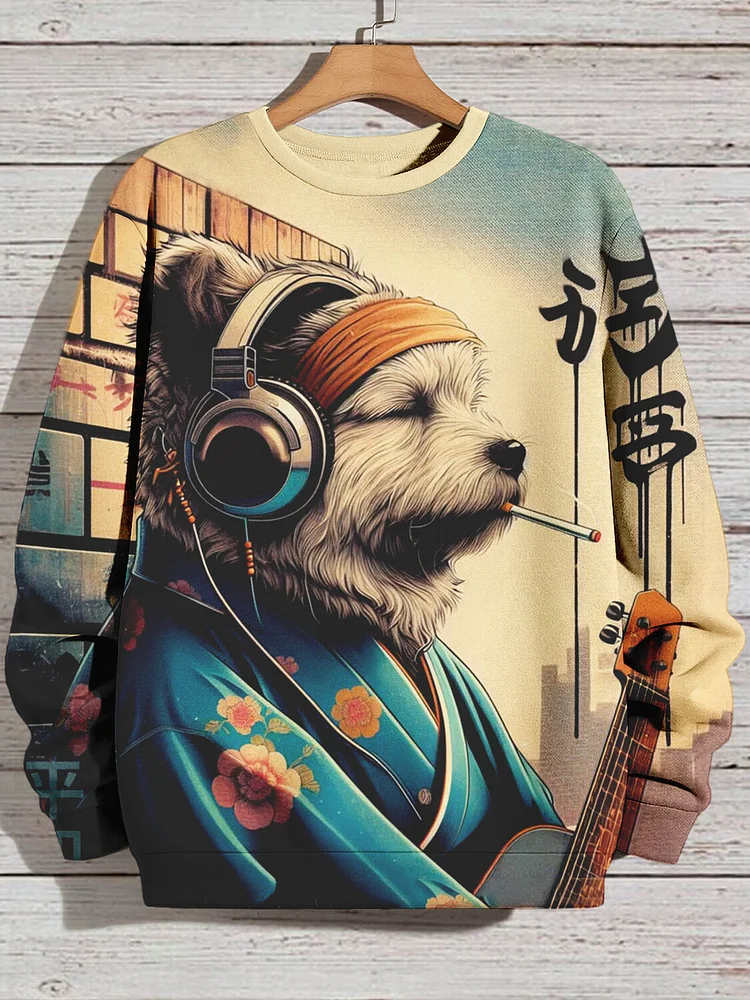 Men's Kimono Dog Listening To Music Japanese Art Print Casual Sweatshirt