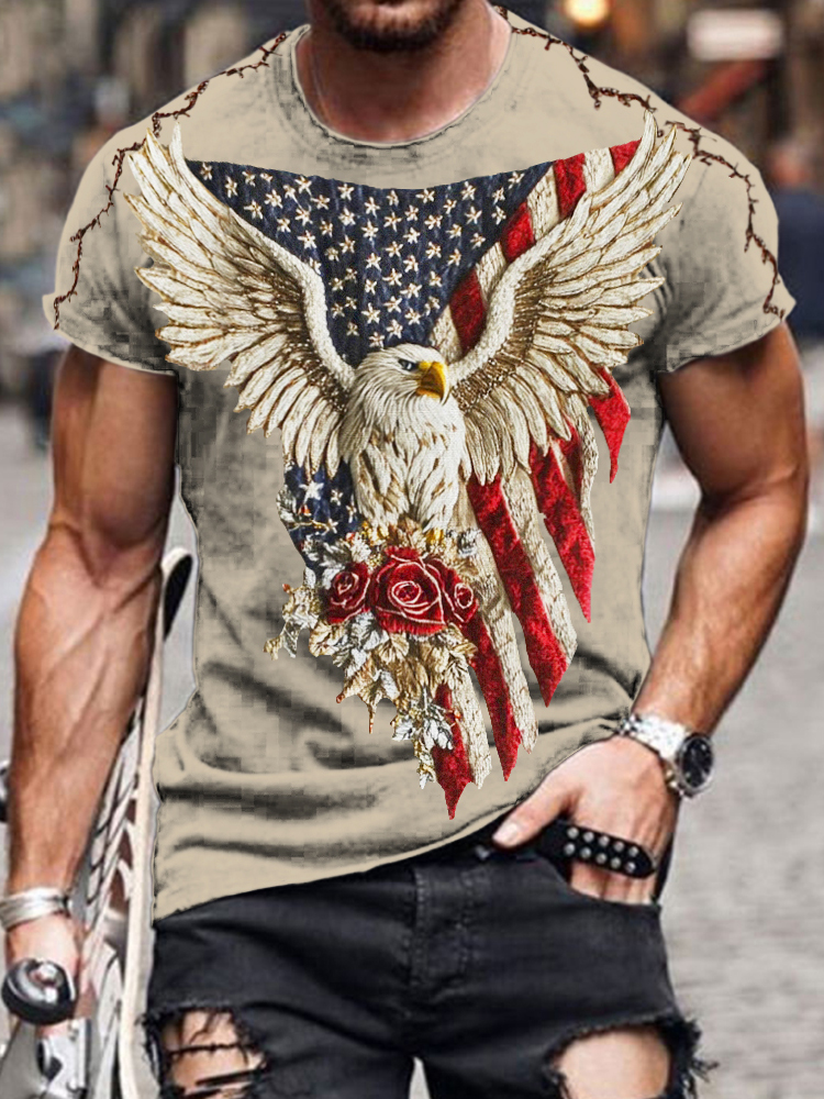  Western Style Flag & Bald Eagle Embroidered Men's T-shirt Westsshops