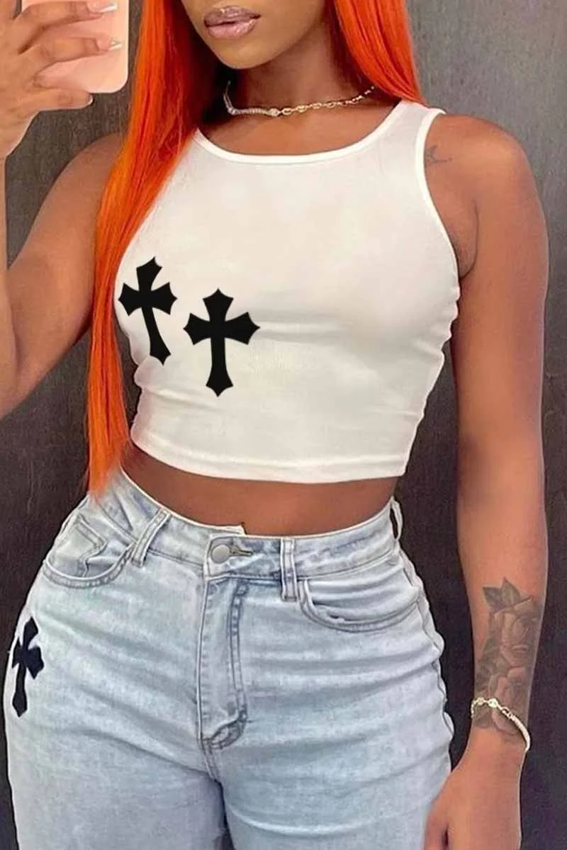 White Sexy Print Patchwork O Neck Tops