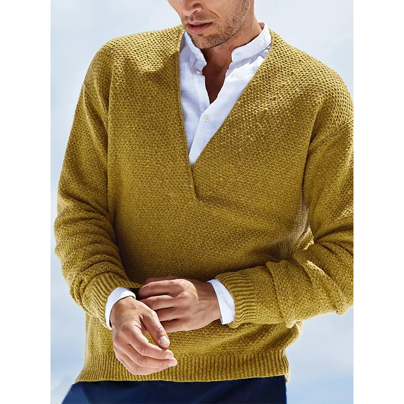 Men's Pullover Solid Color Slim Long Sleeve V-neck Knitted Sweater