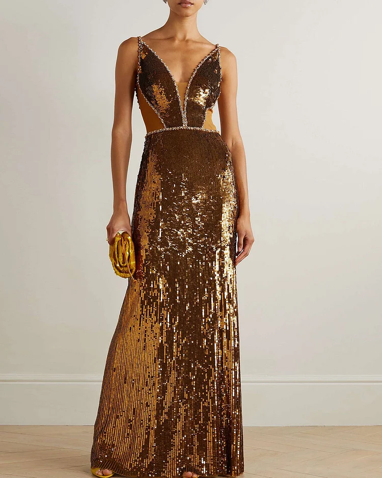 Crystal-Embellished Sequined Tulle Gown