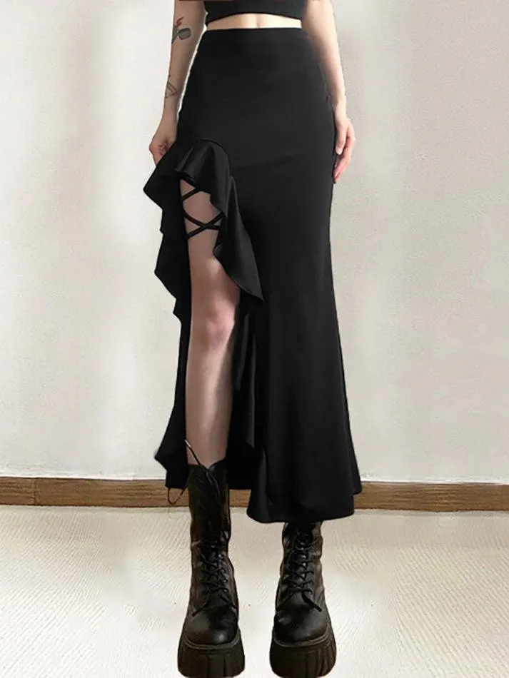 Brownm High Waist Irregular Split Goth Skirt