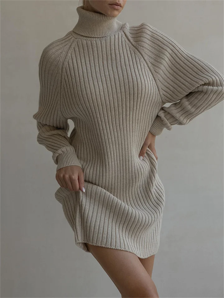 Long-sleeved High-neck Sweater Dress Women's Casual Loose Thickened Pit Stripes Solid Color Package Hip Autumn and Winter Knitted Dresses | 168DEAL