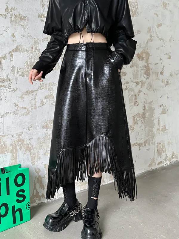 A-Line Irregularity Asymmetric Buttoned Crocodile Texture Solid Color Tasseled Skirts Bottoms