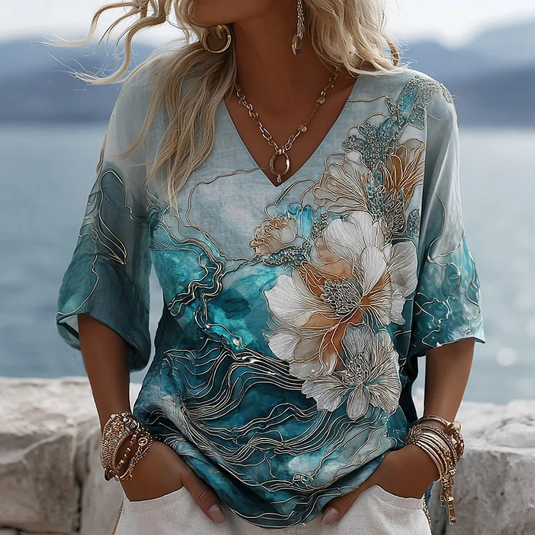 Vintage Gradient Marble Texture Froal Pattern Art Linen Shirts