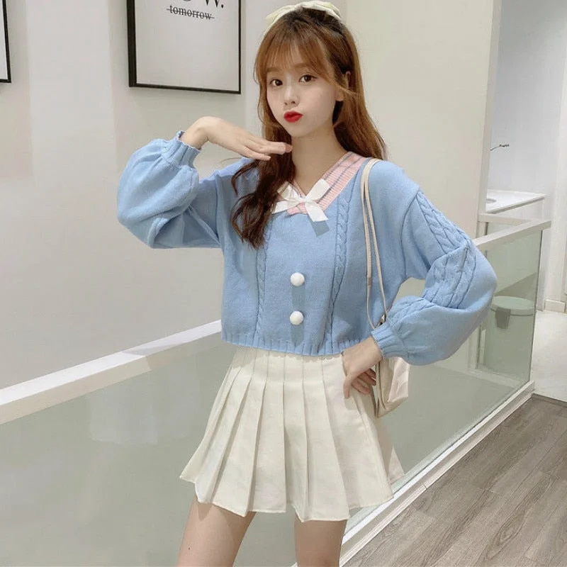 Women Pullovers Knitted V-neck Bow Patchwork Sweet Kawaii Cute Students Ulzzang Casual All-match Short Sweaters Soft Daily Chic