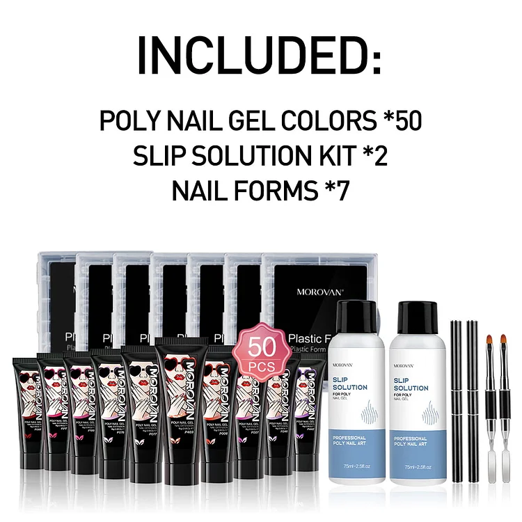 50 Colors Poly Gel with Forms Slip Solution Kit Collection
