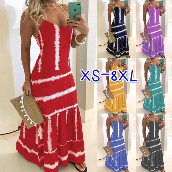 XS-8XL Plus Size Fashion Clothes Summer Dresses Women's Casual Striped Printed Halter Dress Sleeveless Party Dress Ladies Deep V-neck Beach Wear Maxi Dress