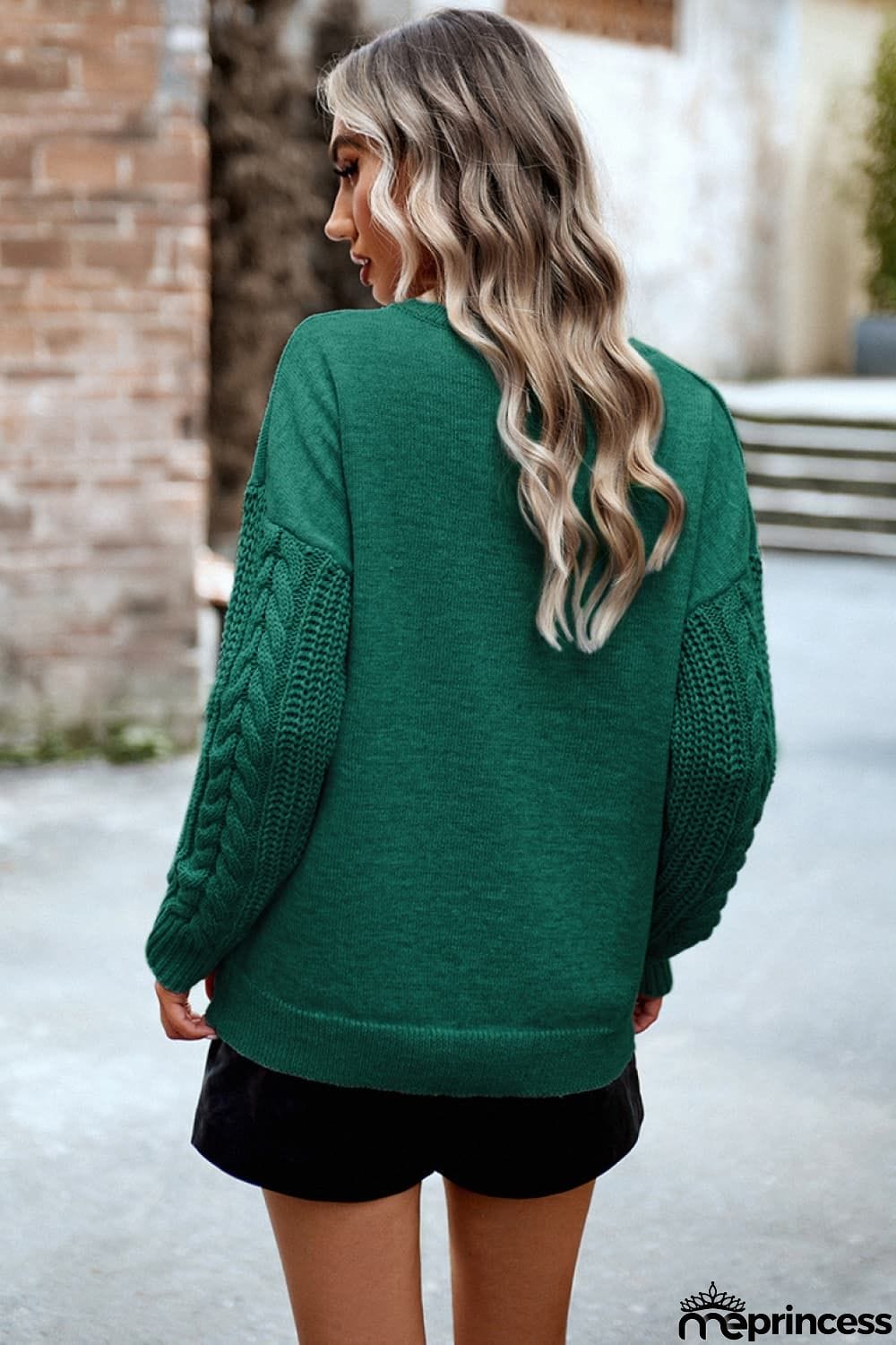 Cable-Knit Round Neck Drop Shoulder Sweater
