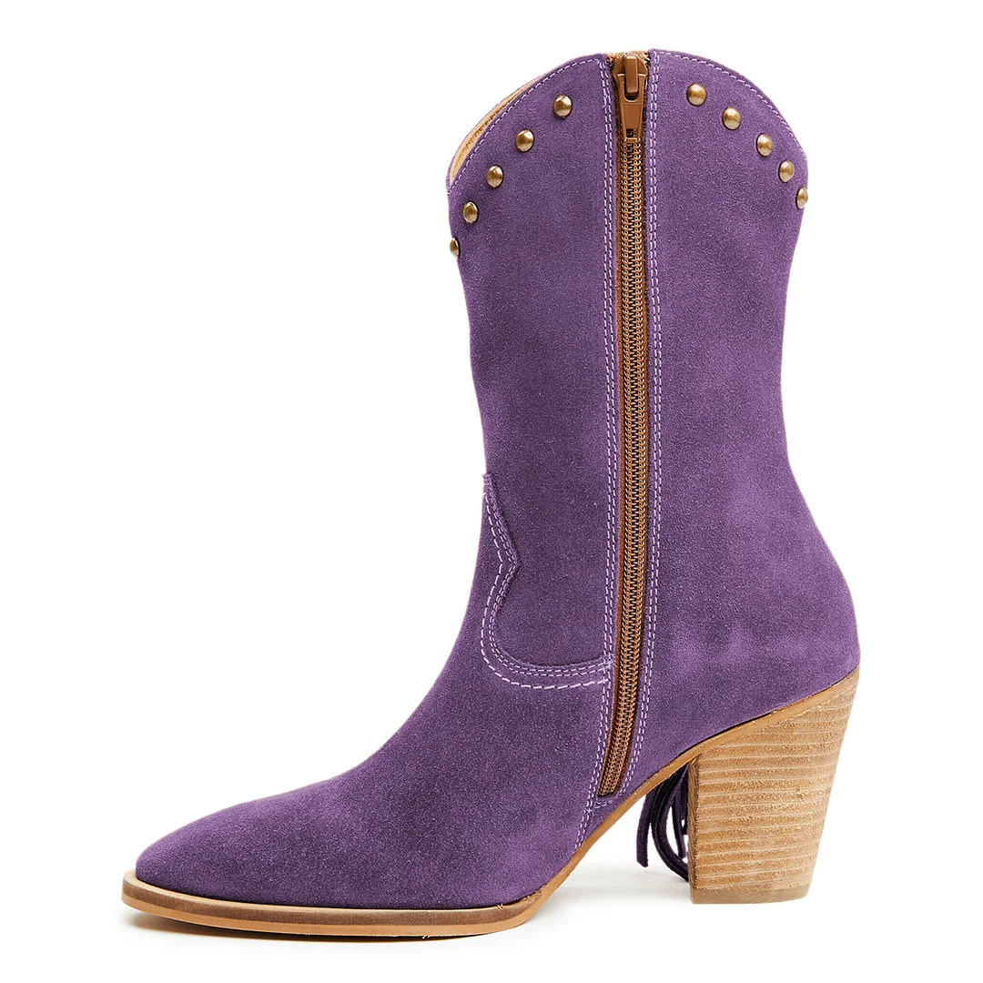 Faux Suede Side-Zip Fringe Decor Studded Ankle Boots in Purple