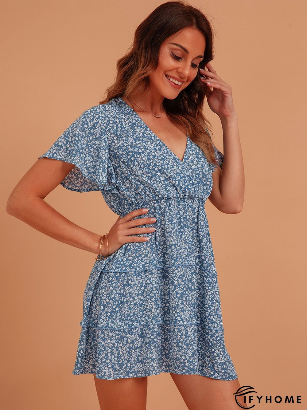 Blue Sweet V Neck Silk-Chiffon Weaving Dress | IFYHOME