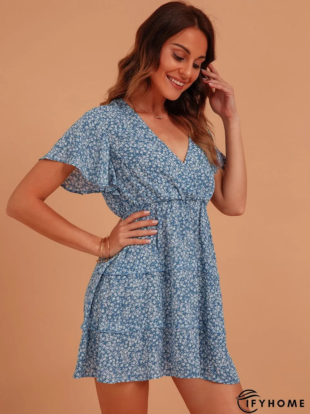 Blue Sweet V Neck Silk-Chiffon Weaving Dress | IFYHOME