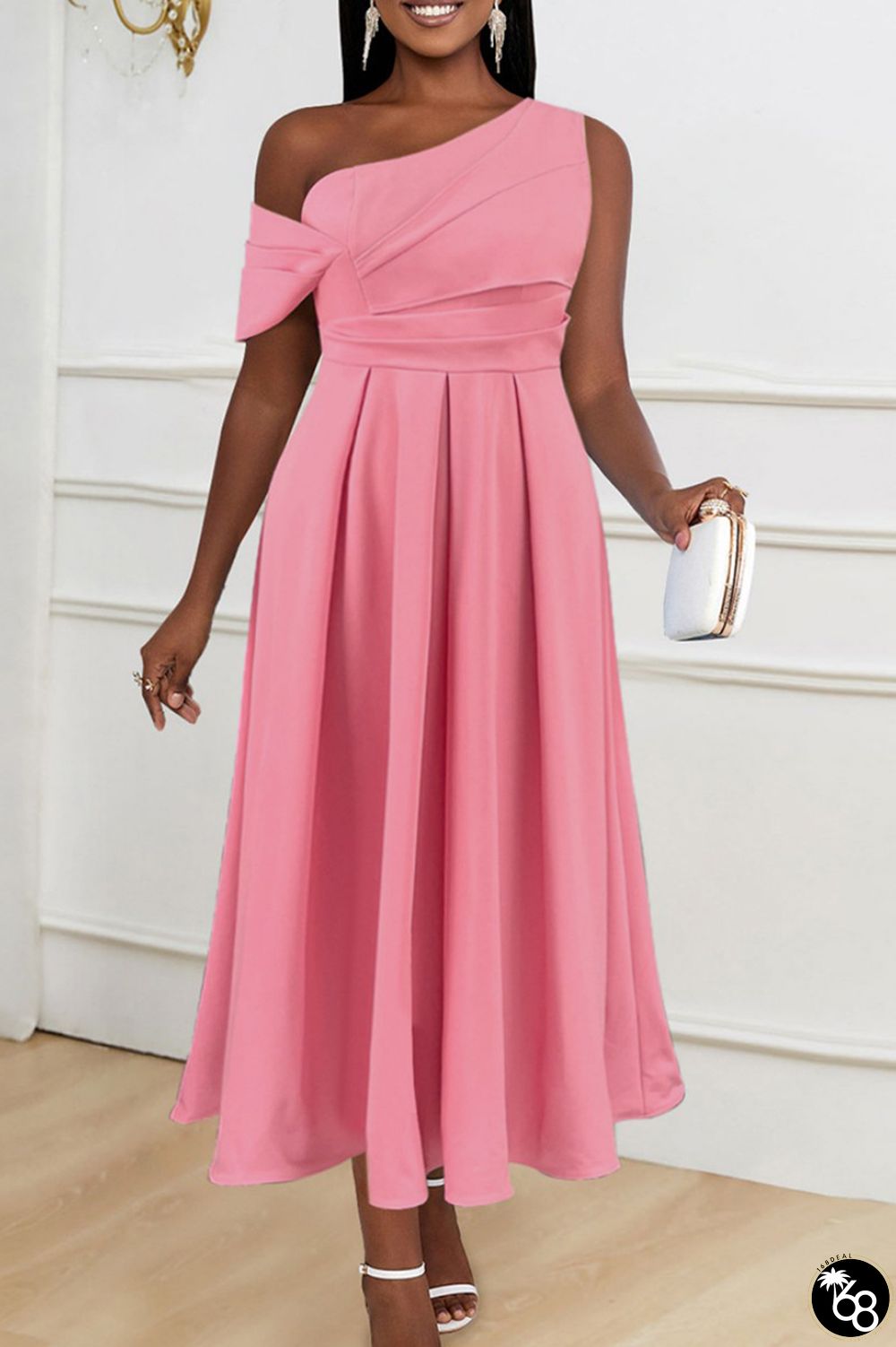 Pink Casual Solid Patchwork Oblique Collar A Line Dresses | 168DEAL