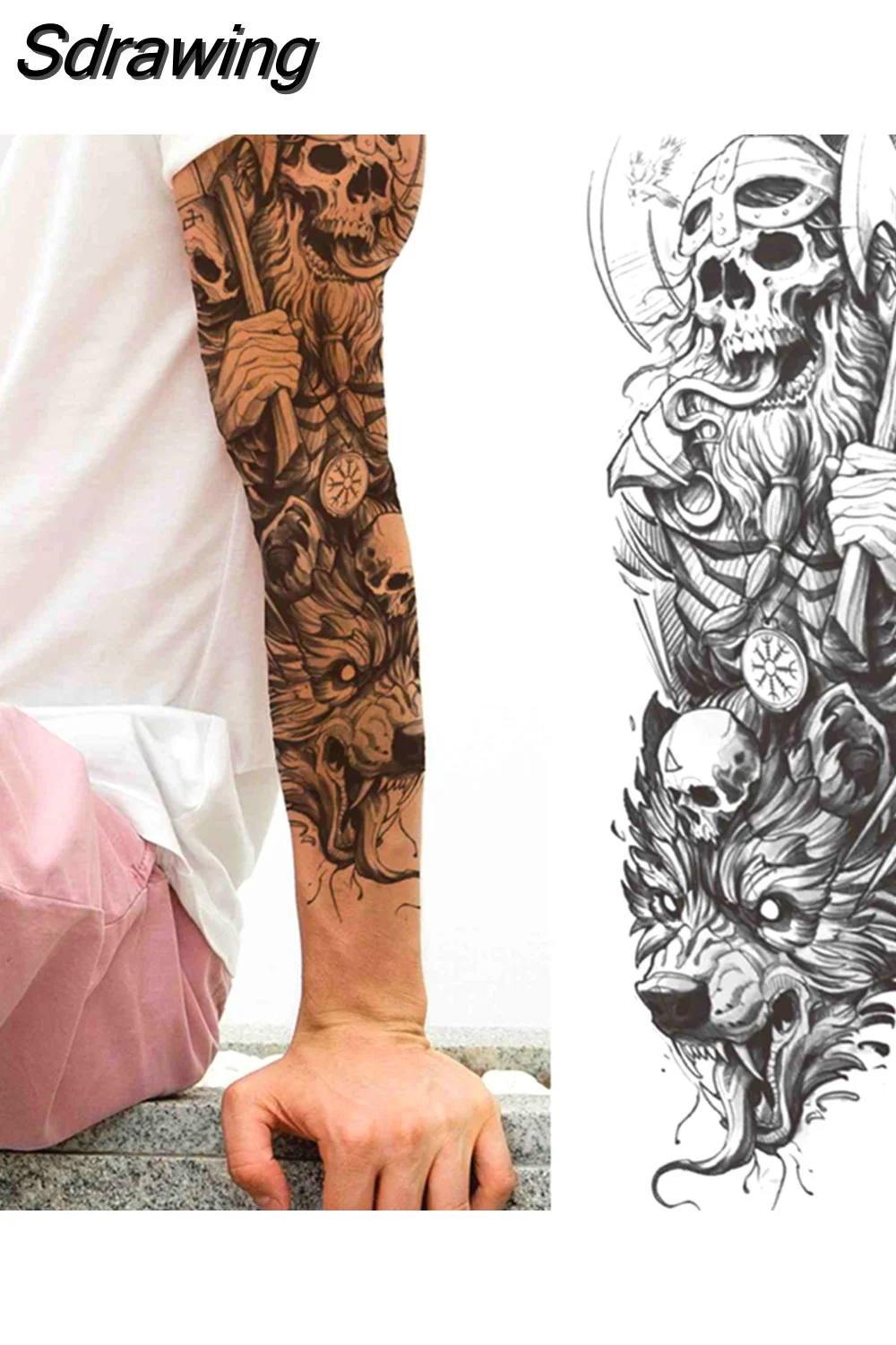 Sdrawing Arm Temporary Tattoos Sleeve For Men Women Realistic Fake Tatoos Warrior Lion Tiger Flower Tatoo Sticker Black Totem Maori 507-1