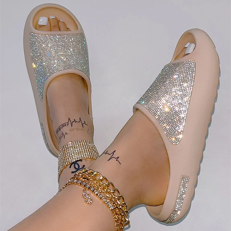 Casual Thick Bottom Rhinestones Slippers-Nude