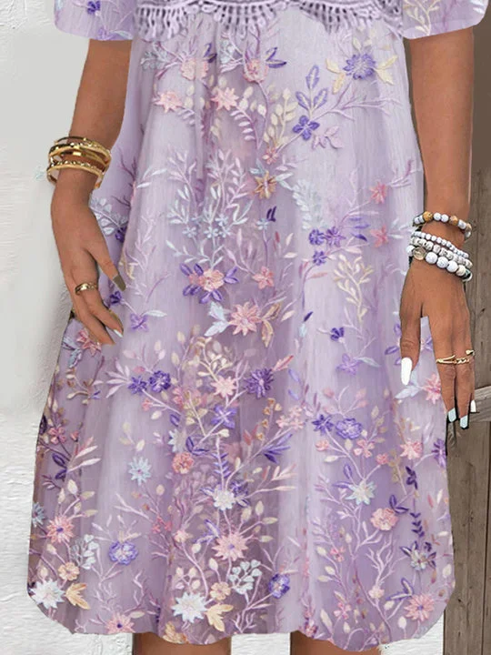 Women Half Sleeve V-neck Solid Color Dress