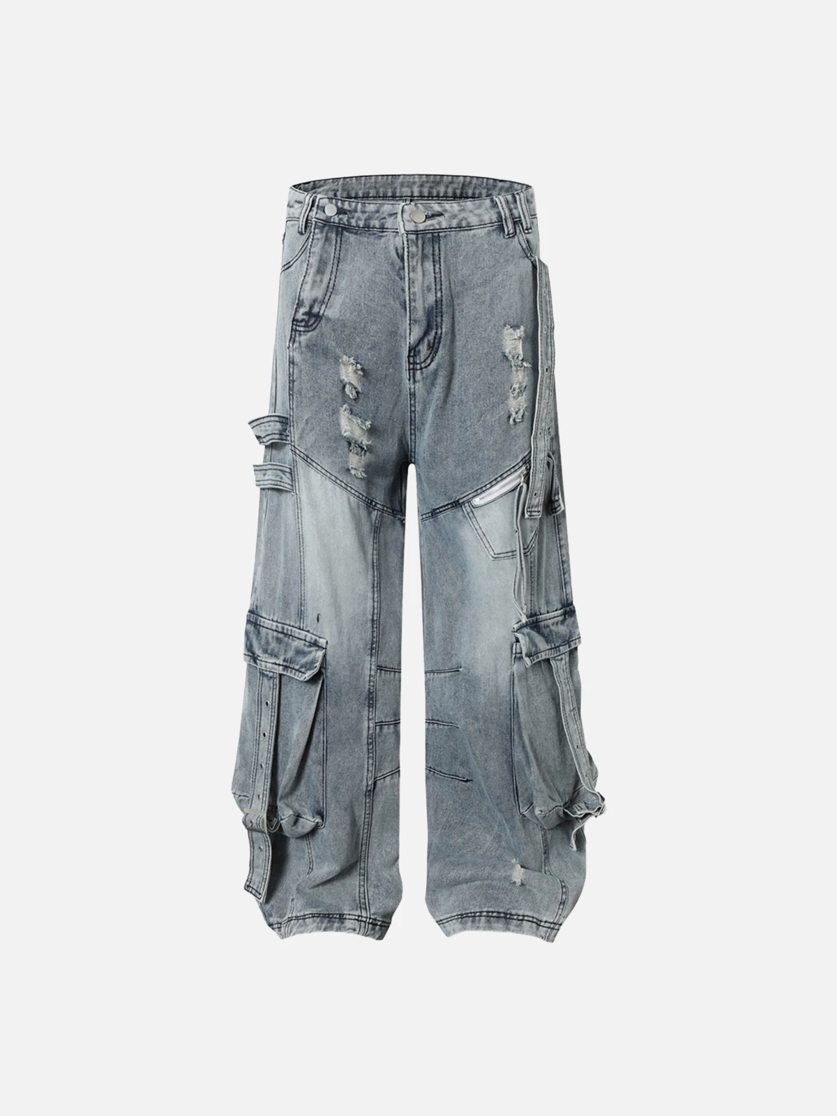 Blue Distressed Split Patchwork Washed Cargo Jeans Front