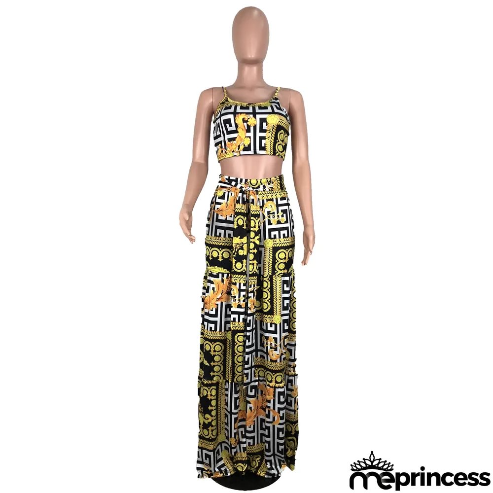 Print Retro Straps Crop Top and High Waist Trousers