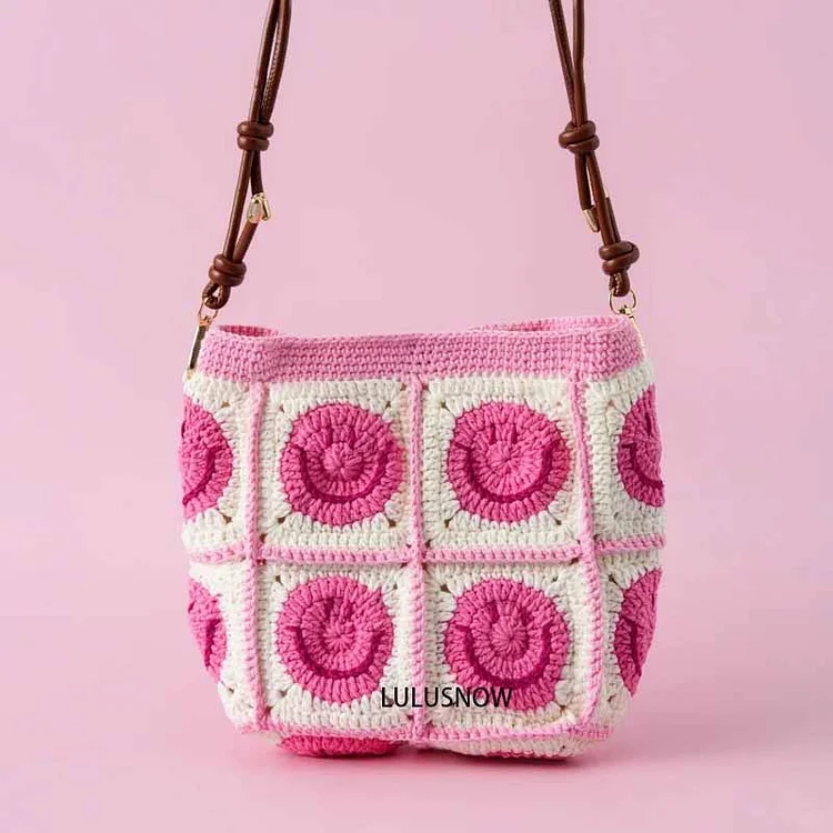 Lulusnow Handmade Pink Classic Smiley Faces Small Shoulder Bag  Crochet Crossbody Bag