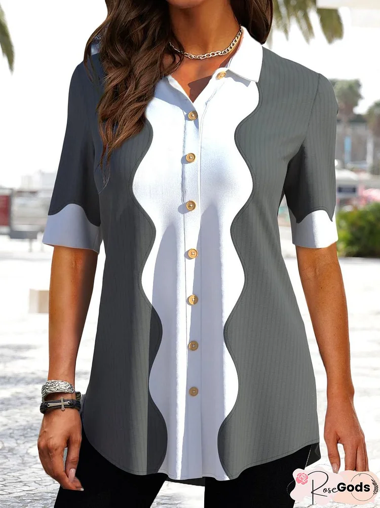 Shirt Collar Striped Regular Fit Color Block Blouse