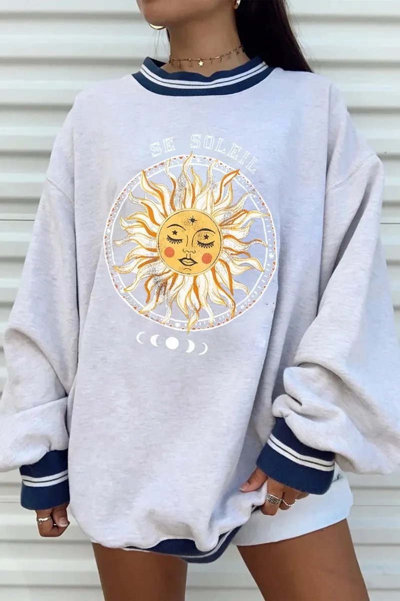 Moon Sun Print Round Neck Sweatshirt