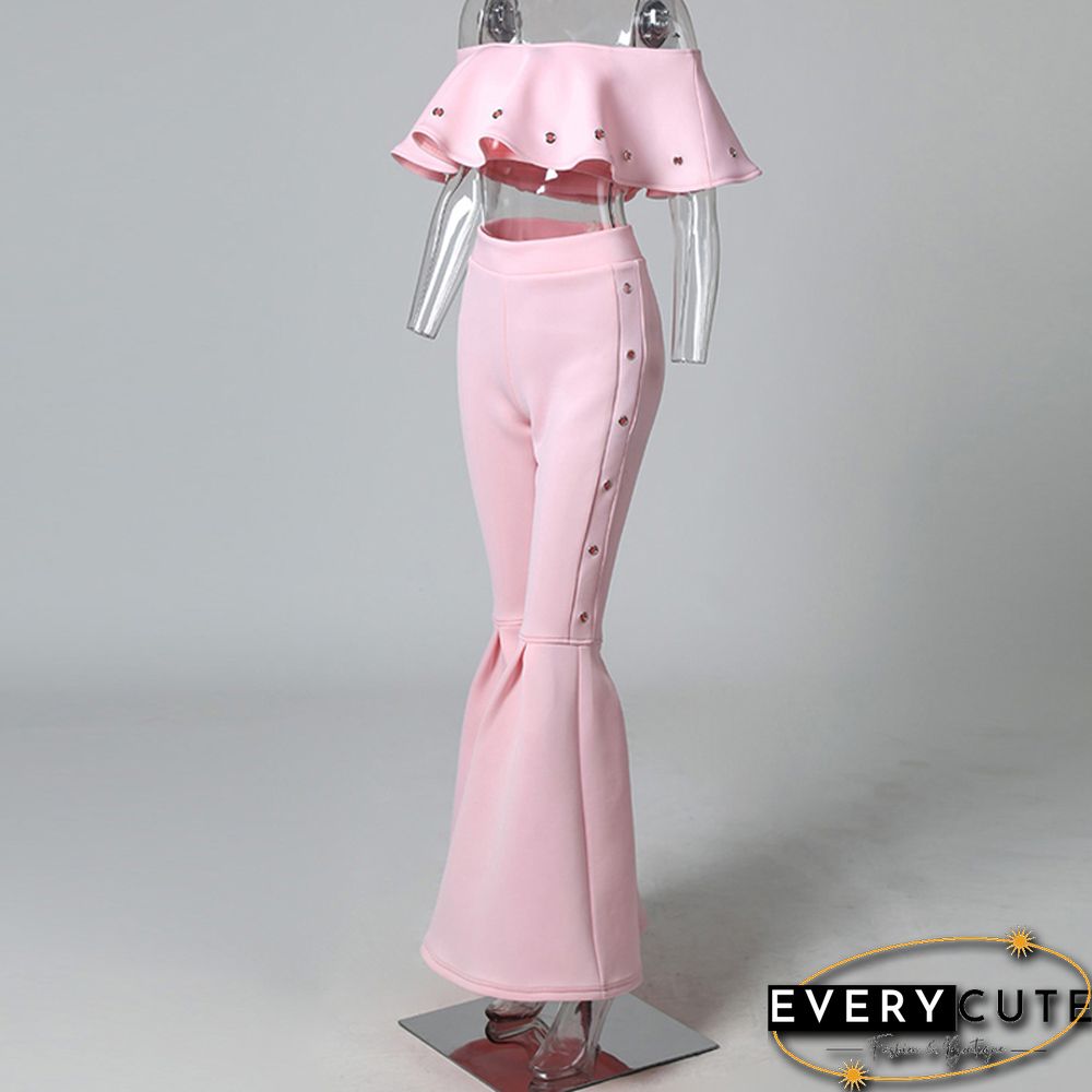 Women Two Piece Outfits Off Shoulder Ruffle Crop TopsAnd Flare Pants 2 Piece Set Summer Club Party Festival Set