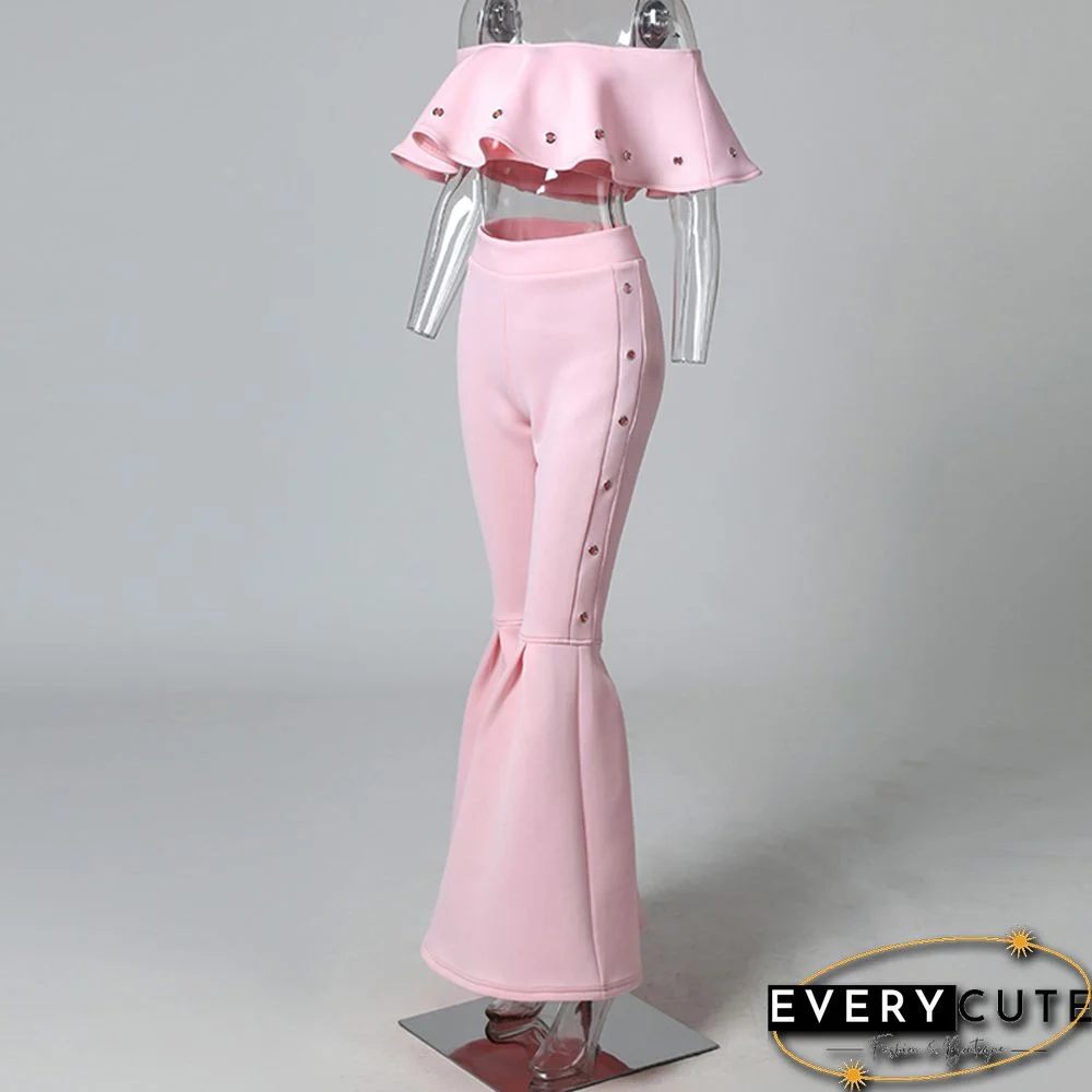 Women Two Piece Outfits Off Shoulder Ruffle Crop TopsAnd Flare Pants 2 Piece Set Summer Club Party Festival Set