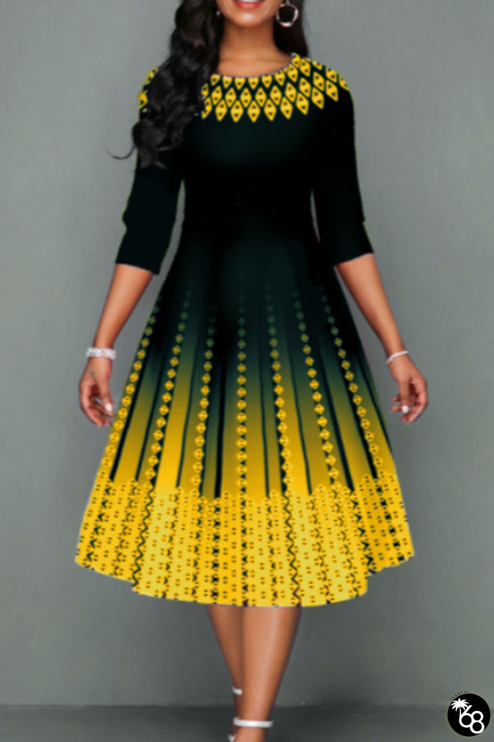 Gold Elegant Print Patchwork O Neck A Line Dresses | 168DEAL