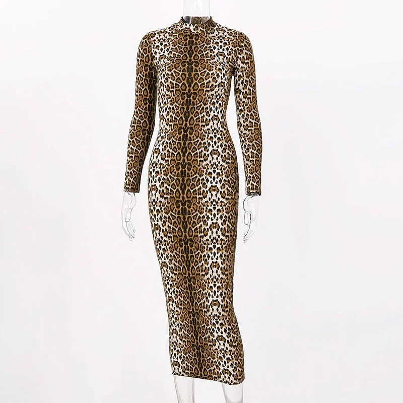 Hugcitar leopard print long sleeve slim bodycon sexy dress 2021 autumn winter women streetwear party festival dresses outfits