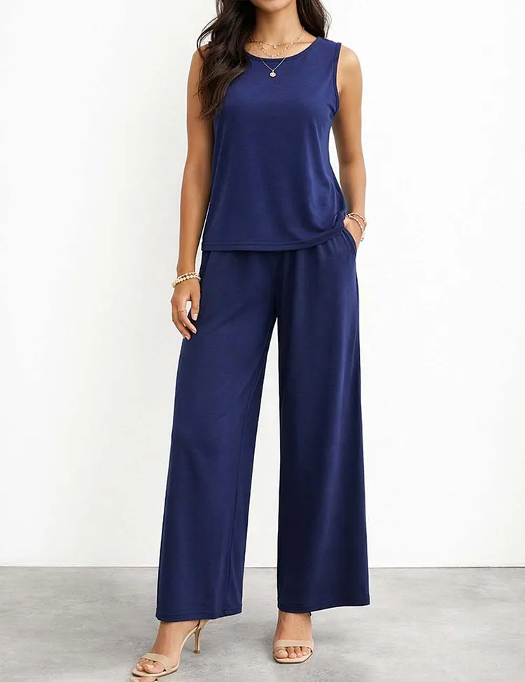 Ladies Solid Color Sleeveless Vest and Pants Sets