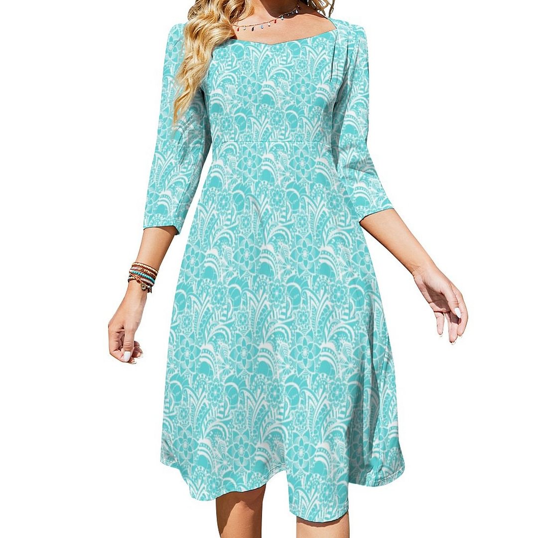Neon Baby Blue With White Lace Pattern Dress Sweetheart Tie Back Flared 3/4 Sleeve Midi Dresses