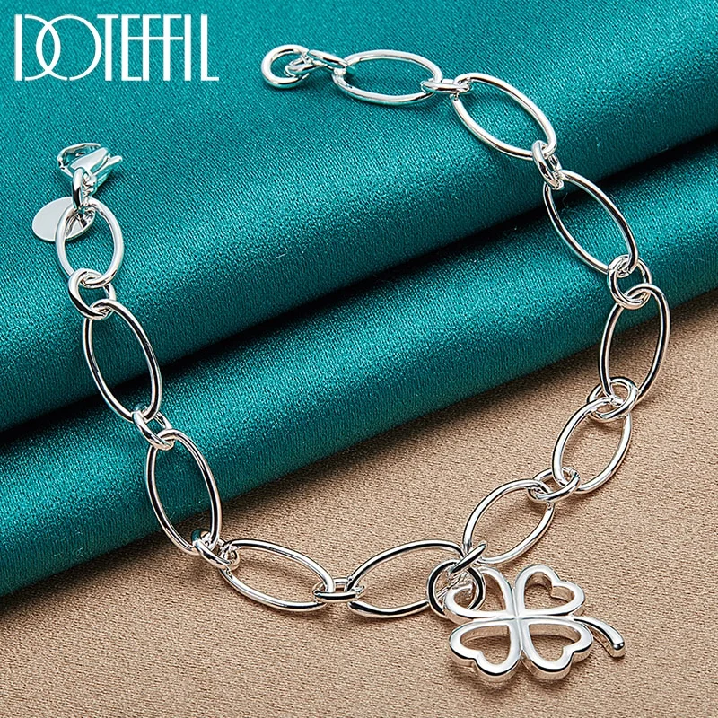 925 Sterling Silver Lucky Clover Flowers Pendant Bracelet For Woman Jewelry