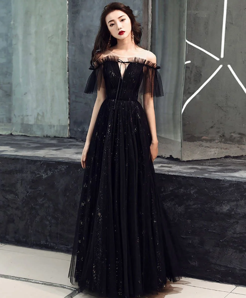 Black Tulle Off shoulder Long Prom Dress Black Formal Dress A030