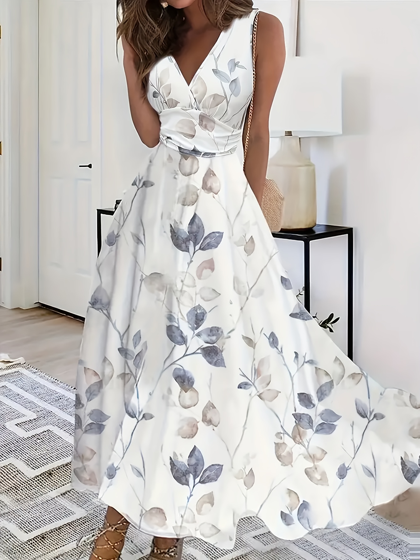 Women's Elegant Floral Print V-Neck Tank Dress, Elegant Sleeveless Flowy Dress For Spring & Summer, Women's Clothing