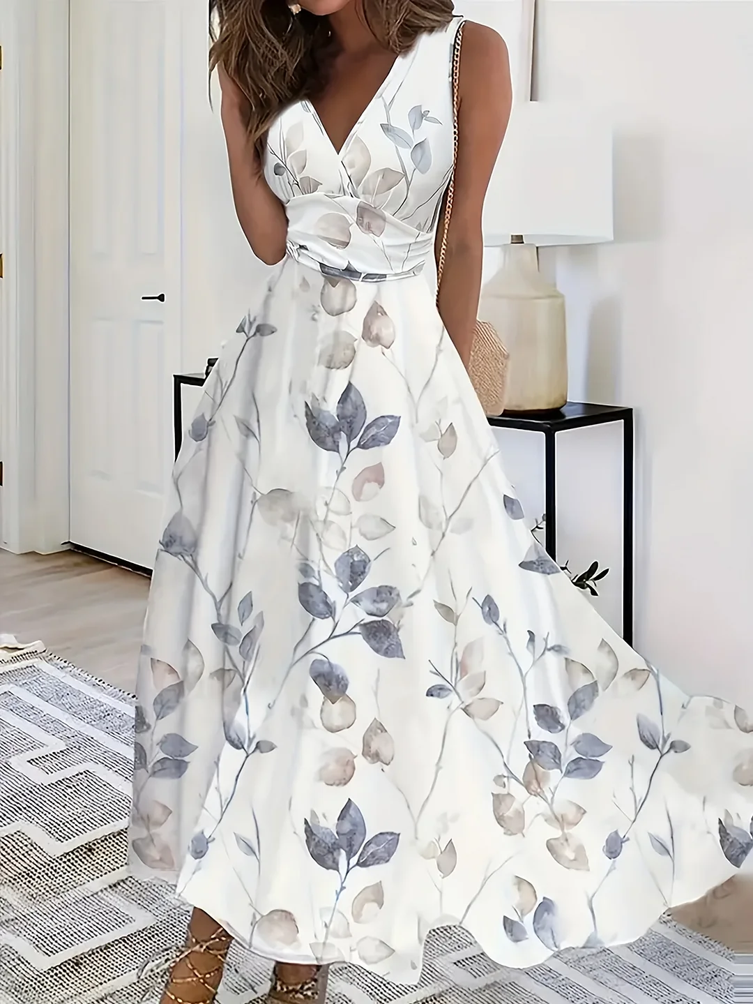 Women's Elegant Floral Print V-Neck Tank Dress, Elegant Sleeveless Flowy Dress For Spring & Summer, Women's Clothing