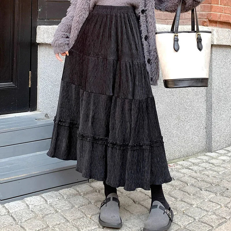 Aiertu Autumn Winter Corduroy Skirt Women Vintage Brown Elastic High Waist Long Skirt Woman All-match Streetwear A-line Skirts aiertu